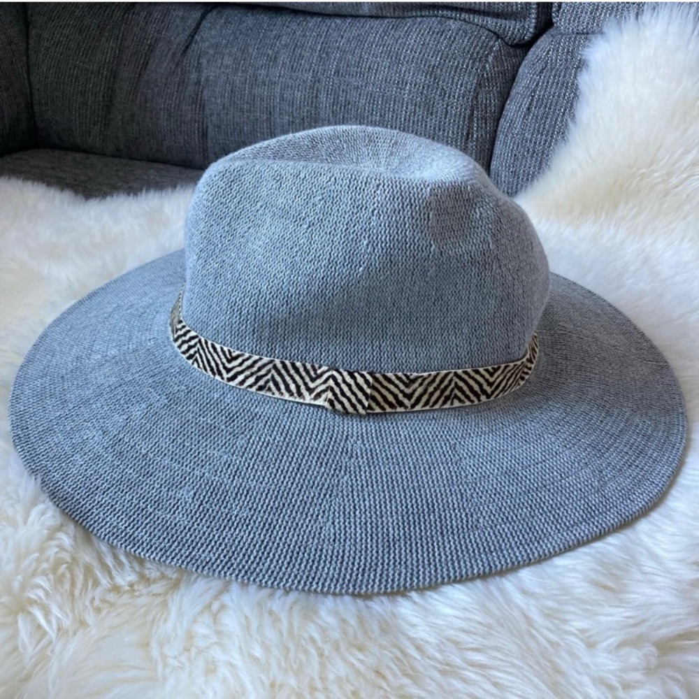 Anthropologie Light Gray Wide-Brim Fedora with Patterned Band